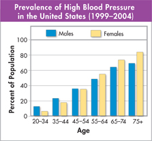 A bar graph showing the prevalence of high blood pressure among men and women in the United States (1999 – 2004).