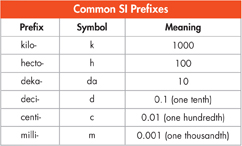 Table titled 'Common SI Prefixes' shows some common prefixes, their symbols, and meaning.