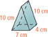 A figure has a rectangular base with length 7 centimeters and width 4 centimeters, two rectangular sides with length 10 centimeters rising to meet along an edge from the 4-centimeter base sides, forming triangular sides at the front and back.