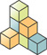 A cube structure consists of cubes with two front sides: a stack of three in the back, a stack of two to the right front with one cube to its right front, and one cube to the left front of the bottom of the three-cube stack. 
