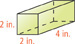 A rectangular block has width 2 inches across the front, width 4 inches from front to back, and height 2 inches.