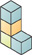 A cube structure has cubes with two sides facing front, three in a stack with one on the right front side of the bottom cube.