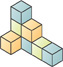 A cube structure has cubes with two sides facing front, three in a stack with one on the left front side of the bottom cube, two stacked on the right front side, and two lined on the right front side of the bottom of the two-cube stack.