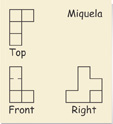 Miquela’s orthographic drawing displays top, front, and right views.