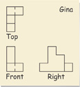Gina’s orthographic drawing displays top, front, and right views.