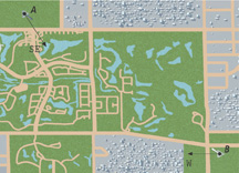 A map shows point A at the top left corner with an arrow extending down to the right representing SE, and point B at the bottom right with an arrow extending left representing W.