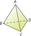 A tetrahedron has a triangle bottom with corners B, C, and D, connected to three triangular sides meeting at corner A above.