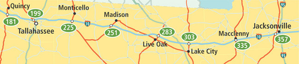 A map shows Quincy at mile 181, Tallahassee at 199, Monticello at 225, Madison at 251, Live Oak at 283, Lake City at 303, Macclenny at 335, and Jacksonville at 357.
