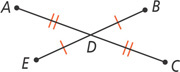 Line segments AC and EB intersect at D. Segment ED and DB each have one vertical mark. Segments AD and DC each have two vertical marks.