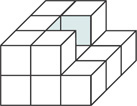 A cube structure has nine cubes in a square on bottom, with a row of three cubes on the bottom left cubes, a cube on the middle front bottom cube, and a cube on the middle back bottom cube.