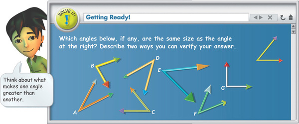 A Solve It problem demonstrates sizes of angles.