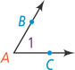 A angle has two rays extending from endpoint A, one extending right through point C and one extending up to the right through point B. The angle between the rays is labeled 1.