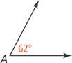 An angle with vertex A has a ray extending right and a ray extending up to the right, closer to vertical, with interior labeled 62 degrees.
