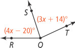 Two angles share vertex Q: angle RQS measuring (4x minus 20) degrees and angle TQS measuring (3x + 14) degrees.