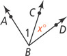 Two angles share vertex B: angle ABC measuring 1 and angle CBD measuring x degrees.
