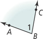 A shaded angle labeled 1 is between ray BA extending up to the left and ray BC extending up to the right.