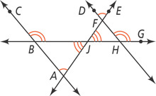 A diagram illustrates angles formed between four intersecting lines.