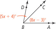 Two angles share vertex B: ABC measuring (8x minus 3) degrees and DBC measuring (5x + 4) degrees.