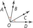 Angles share vertex O, with rays OA, OB, OC, and OD, from left to right. Angles AOB and COD are each marked with one arc.