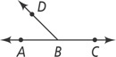 Three rays extend from a common vertex, with ray BA extending horizontally left, ray BC extending horizontally right, and ray BD extending up to the left.