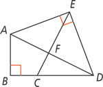 A four-sided figure has corners A, E, D, and B, from top left clockwise. Angles B and E are right angles. A line from corner E to point C on side BD intersects diagonal AD at point F.