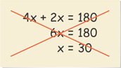 An incorrect calculation has three steps: 4x + 2x = 180, 6x = 180, x = 30.
