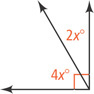 A right angle is divided by an interior ray into angles measuring 4x degrees and 2x degrees.