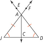 A triangle with corners A, D, and J has sides AJ and AD marked equal and bottom angles J and D marked equal. Three rays extend from top corner A: ray AC extending vertically down through horizontal side JD; ray AE as an extension of side AD; and ray AF as an extension of side AJ.