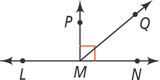 Four rays extend from common vertex M: ML extending horizontally left, MP extending vertically up, MQ extending up to the right, and MN extending horizontally right.