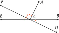 Five rays extend from common vertex C, to points A, B, D, E, and F, from top clockwise. Angle FCA is a right angle. Angles BCD and ECF are equal. Angles BCE and DCF are each straight.