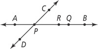 A horizontal line passes through points A, P, R, Q, and B, from left to right, and a diagonal line rises up to the right through points D, P, and C.