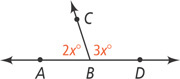 Line ABD has interior ray BC extending up to the left, forming angle ABC measuring 2x degrees and angle DBC measuring 3x degrees.