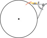 A circle has a point at the center. With the compass point on the circle, a small arc is drawn through a point on the circle above.