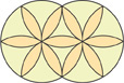 Interlocking circles each has six petal shapes extending from the center, five to the circle and one connecting the centers of the circles.