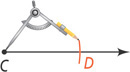 The open compass has pointer at endpoint C with pencil drawing an arc through the ray, marked D.