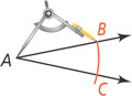 An open compass has pointer at vertex A of the angle, with pencil drawing an arc through the two rays, the top intersecting labeled B and bottom labeled C.