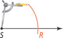 An open compass has pointer at endpoint S with pencil drawing a long arc through the ray at a point labeled R.