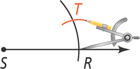 An open compass has point at R with pencil drawing a small arc through a point labeled T on the larger arc from the previous step.