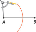 A compass has pointer at A with pencil drawing a large arc through the segment, closer to B.