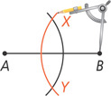 An open compass has pointer at B with pencil drawing a large arc through the segment, intersecting the first arc at X above the line and Y below the line.