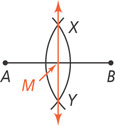 A vertical line passing through X and Y intersects segment AB at point M.