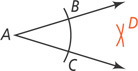 Within angle A, two small arcs beyond the arc through B and C intersect at D, right of A.