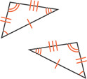 Two triangles each have angles marked with one, two, and three arcs, respectively, and sides marked with one, two, and three segments, respectively.