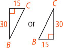 A right triangle has vertical leg rising 30 from B to the right angle, then horizontal leg extending right, or a right triangle has horizontal leg extending 15 right from B to the right angle then vertical leg rising 30.