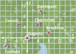 A coordinate plane has six cities plotted: Augusta at (0, 0), Fairfield as (negative 8, negative 3), Everett at (negative 3, 5), Charleston at (4, 5), Davenport at (5, 10), and Brookline at (8, 2).