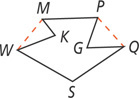 A polygon has vertices M, P, G, Q, S, W, and K, from top left clockwise, with vertices K and G locations within the polygon, inside diagonals MW and PQ.