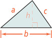 A triangle has base side b and other sides a and c, with height line h from the top vertex meeting base b at a right angle.