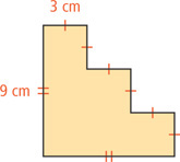 A staircase-shaped polygon has bottom and left sides each measuring 9 centimeters, and three horizontal sides and three vertical sides on the right each measuring 3 centimeters.