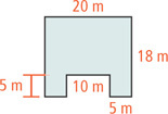 A polygon has top side measuring 20 meters, left and right sides measuring 18 meters, bottom middle sides measuring 10 meters, and two portions on the bottom with width 5 meter and height 5 meter.