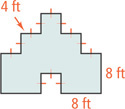 A figure has two squares on bottom with sides measuring 8 feet, connected by a rectangle with height 4 feet above, with a square with sides 4 feet on top, 4 feet from each end of the rectangle.